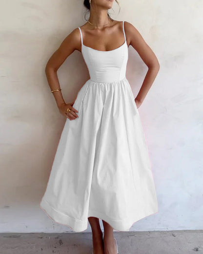 aakip™-Solid V-neck Pleated Waist Dress