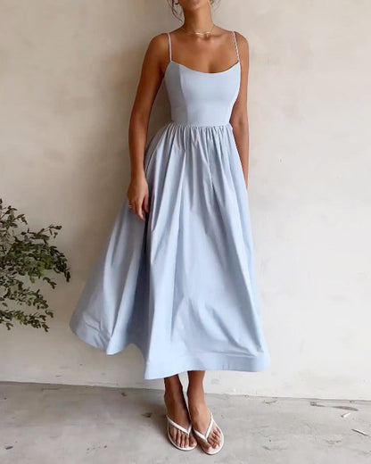 aakip™-Solid V-neck Pleated Waist Dress