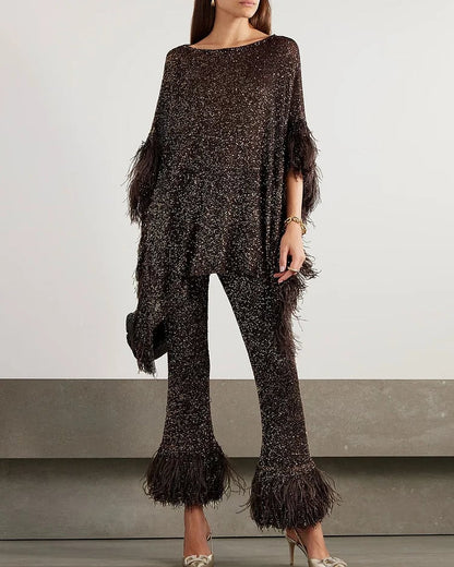 aakip™-Asymmetric feather-trimmed sequin-embellished top and pants two-piece set