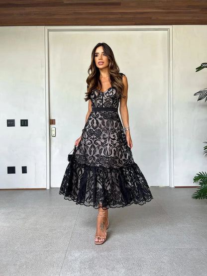 aakip™-Hera Black Printed Sleeveless Midi Dress