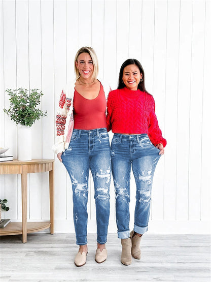 aakip™-Tummy Control Distressed Cuffed Boyfriend Jeans (Buy 2 Free Shipping)