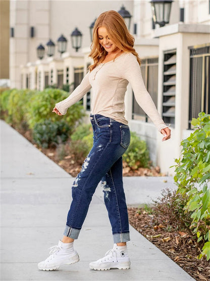 aakip™-Tummy Control Distressed Cuffed Boyfriend Jeans (Buy 2 Free Shipping)