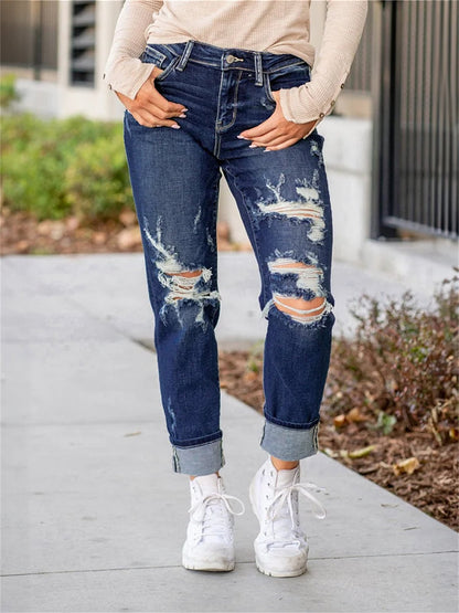 aakip™-Tummy Control Distressed Cuffed Boyfriend Jeans (Buy 2 Free Shipping)