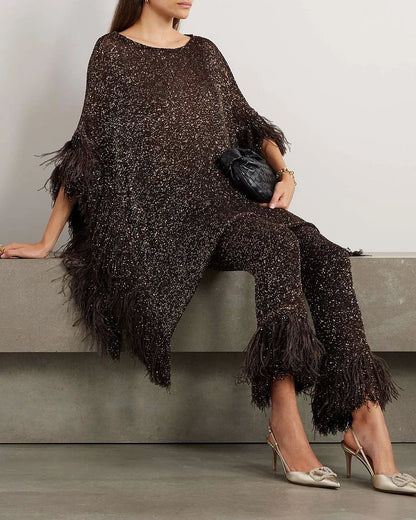 aakip™-Asymmetric feather-trimmed sequin-embellished top and pants two-piece set