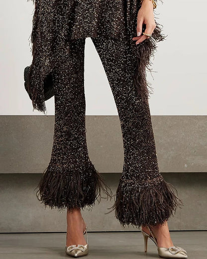 aakip™-Asymmetric feather-trimmed sequin-embellished top and pants two-piece set