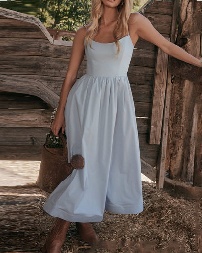 aakip™-Solid V-neck Pleated Waist Dress