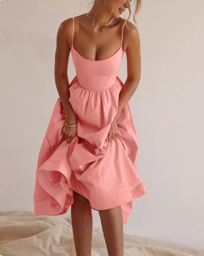 aakip™-Solid V-neck Pleated Waist Dress