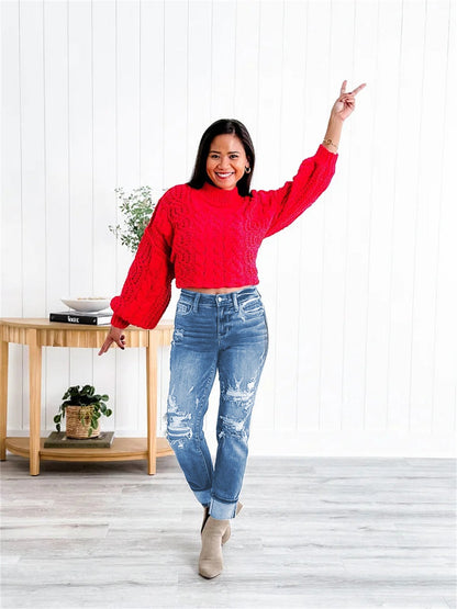 aakip™-Tummy Control Distressed Cuffed Boyfriend Jeans (Buy 2 Free Shipping)
