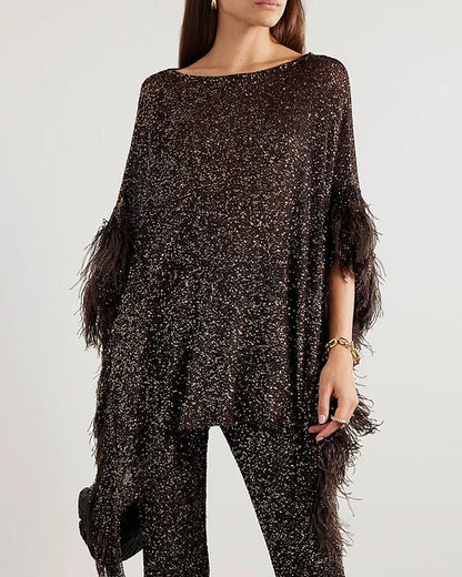 aakip™-Asymmetric feather-trimmed sequin-embellished top and pants two-piece set