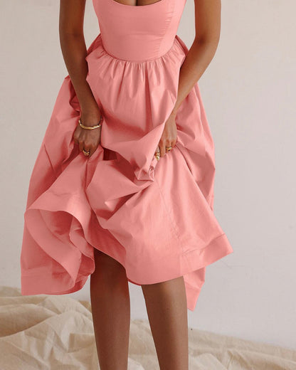 aakip™-Solid V-neck Pleated Waist Dress
